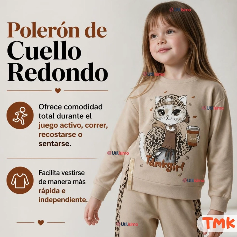 CONJUNTO 2 PIEZAS POLERON Y BUZO 100% ALGODON TEDMIMAK NIÑA CAT ANIMAL PRINT - 8