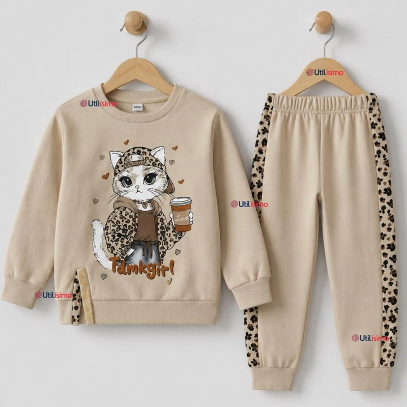 CONJUNTO 2 PIEZAS POLERON Y BUZO 100% ALGODON TEDMIMAK NIÑA CAT ANIMAL PRINT - 1