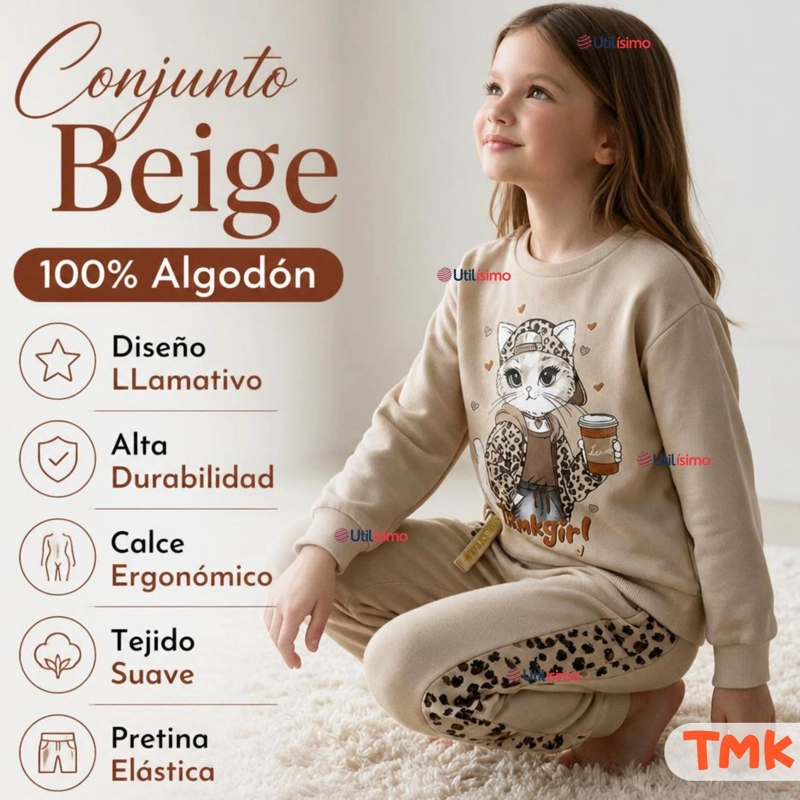 CONJUNTO 2 PIEZAS POLERON Y BUZO 100% ALGODON TEDMIMAK NIÑA CAT ANIMAL PRINT - 4