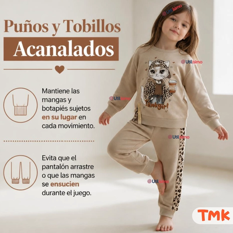 CONJUNTO 2 PIEZAS POLERON Y BUZO 100% ALGODON TEDMIMAK NIÑA CAT ANIMAL PRINT - 9