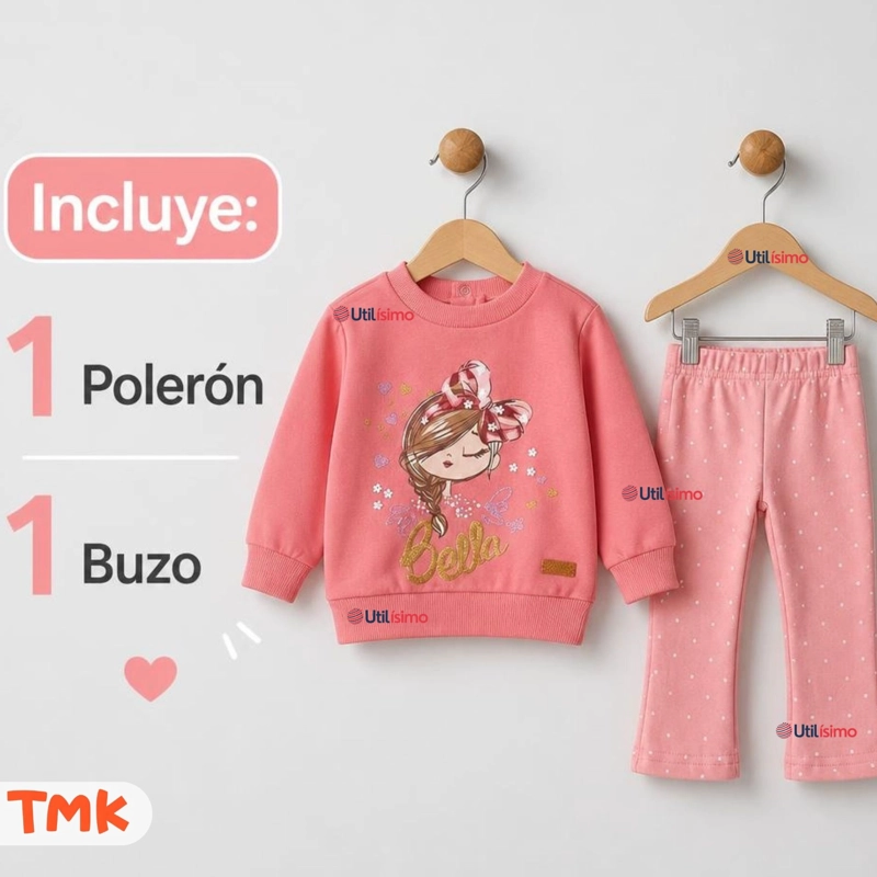 CONJUNTO 2 PIEZAS POLERON Y PANTALON 100% ALGODON TEDMIMAK BEBE NIÑA BEAUTIFUL PINK - 2