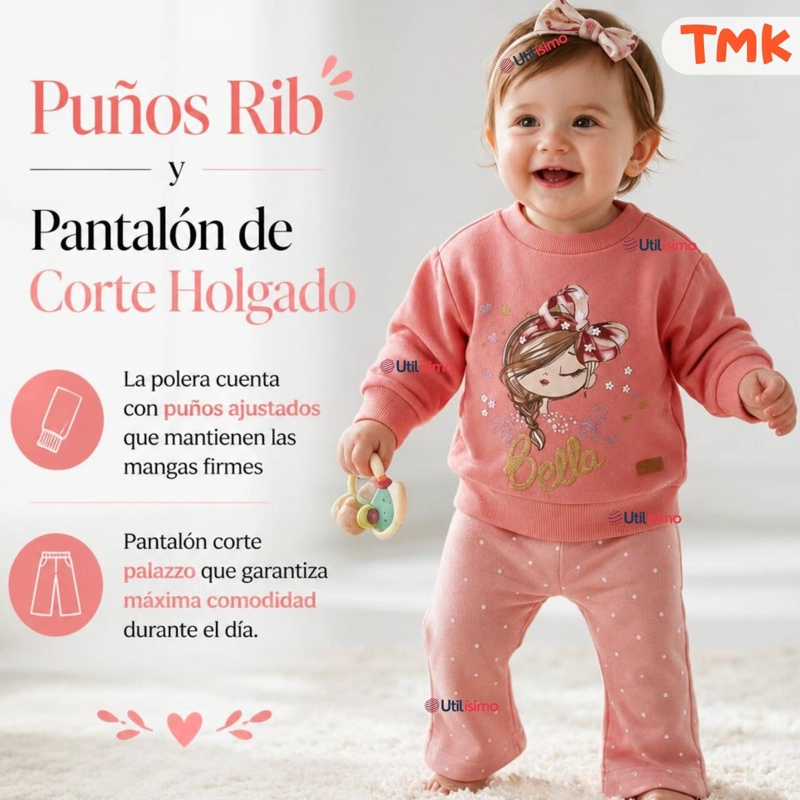CONJUNTO 2 PIEZAS POLERON Y PANTALON 100% ALGODON TEDMIMAK BEBE NIÑA BEAUTIFUL PINK - 9
