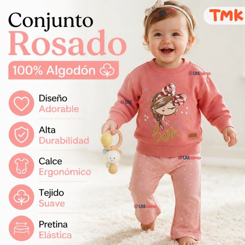 CONJUNTO 2 PIEZAS POLERON Y PANTALON 100% ALGODON TEDMIMAK BEBE NIÑA BEAUTIFUL PINK - 4