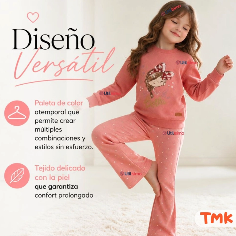 CONJUNTO 2 PIEZAS POLERON Y PANTALON PALAZZO 100% ALGODON TEDMIMAK NIÑA BEAUTIFUL PINK - 9