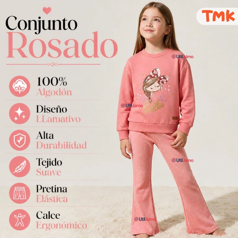 CONJUNTO 2 PIEZAS POLERON Y PANTALON PALAZZO 100% ALGODON TEDMIMAK NIÑA BEAUTIFUL PINK - 4