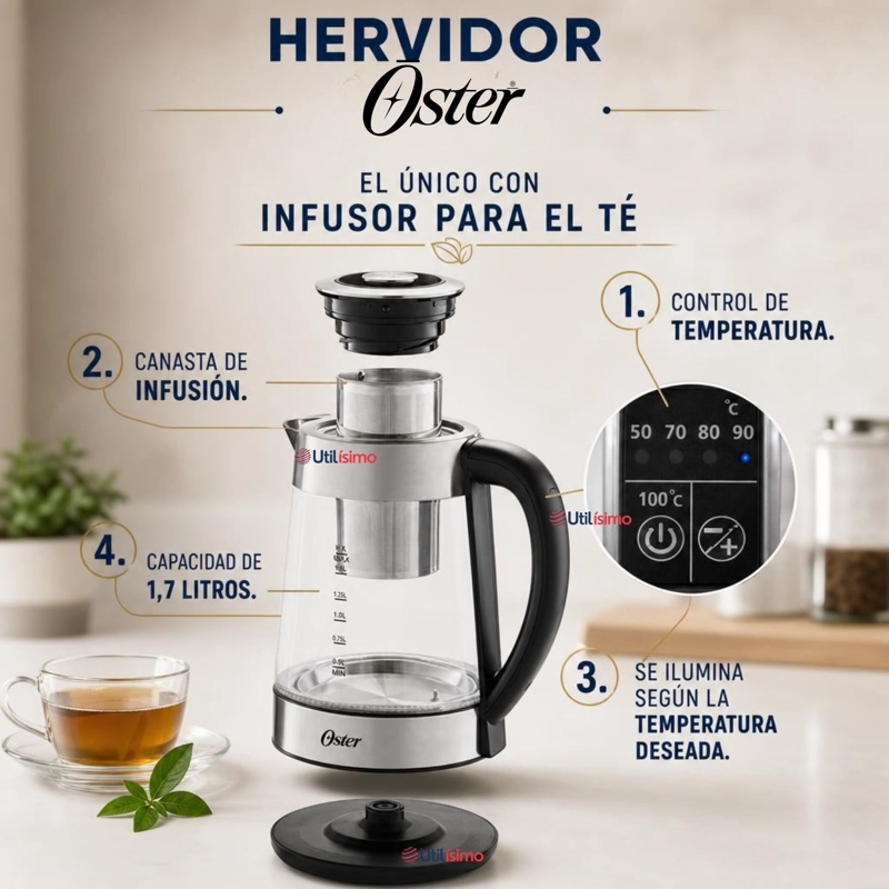 HERVIDOR ELECTRICO DE VIDRIO OSTER CON SELECTOR DE TEMPERATURA E INFUSOR DE TE BVSTKT8990 - 9