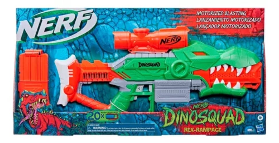 Lanzador Nerf DinoSquad Rex-Rampage Motorizado – Clip De 10 Dardos, 20 Dardos Incluidos, Diseño T-Rex, Mira Telescópica