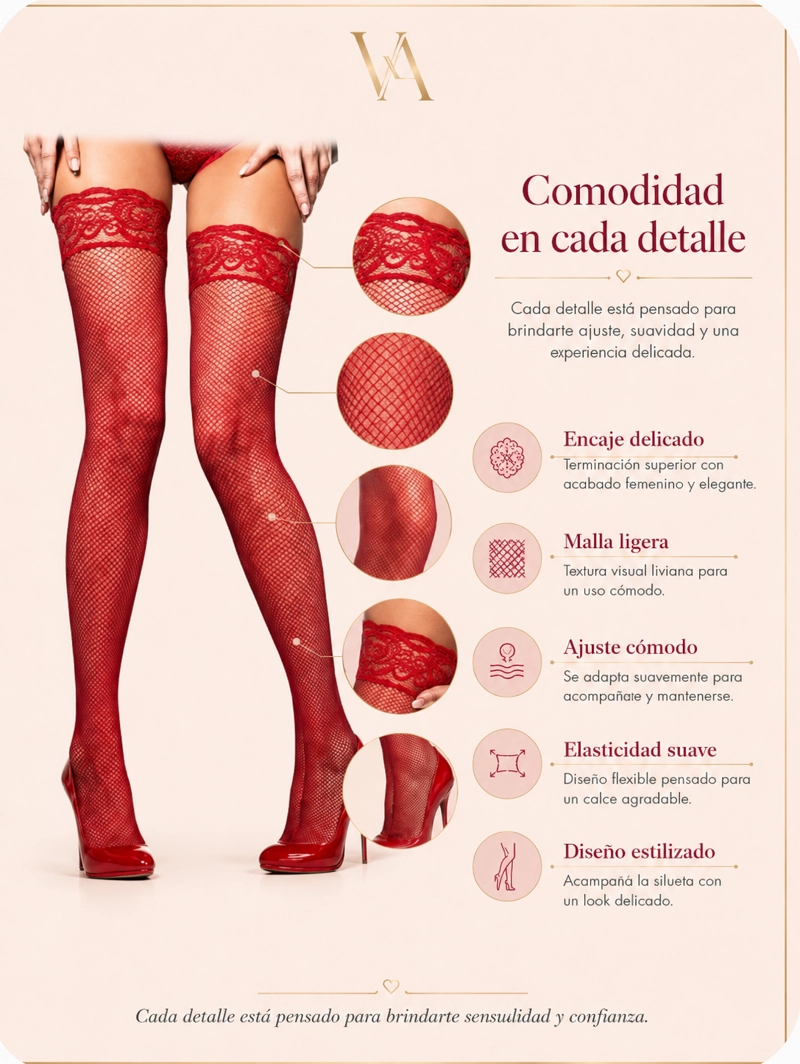 SET MUJER VICALLY FASHION LENCERÍA SEXY LIGA MEDIA REJILLA RED - 3