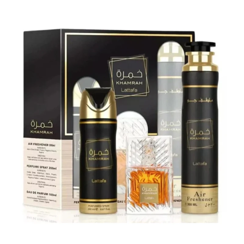 SET PERFUME KHAMRAH EDP 100 ML + PERFUME SPRAY 200 ML + AMBIENTADOR 300 ML LATTAFA - 1