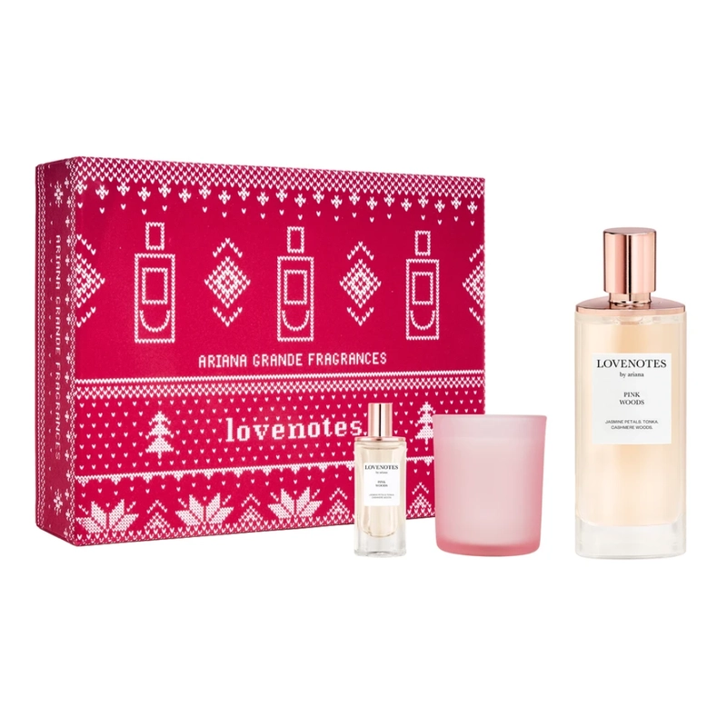 SET PERFUME LOVENOTES PINK WOODS EDP 125 ML +7.5 ML + SCENTED CANDLE 2025 ARIANA GRANDE - 1