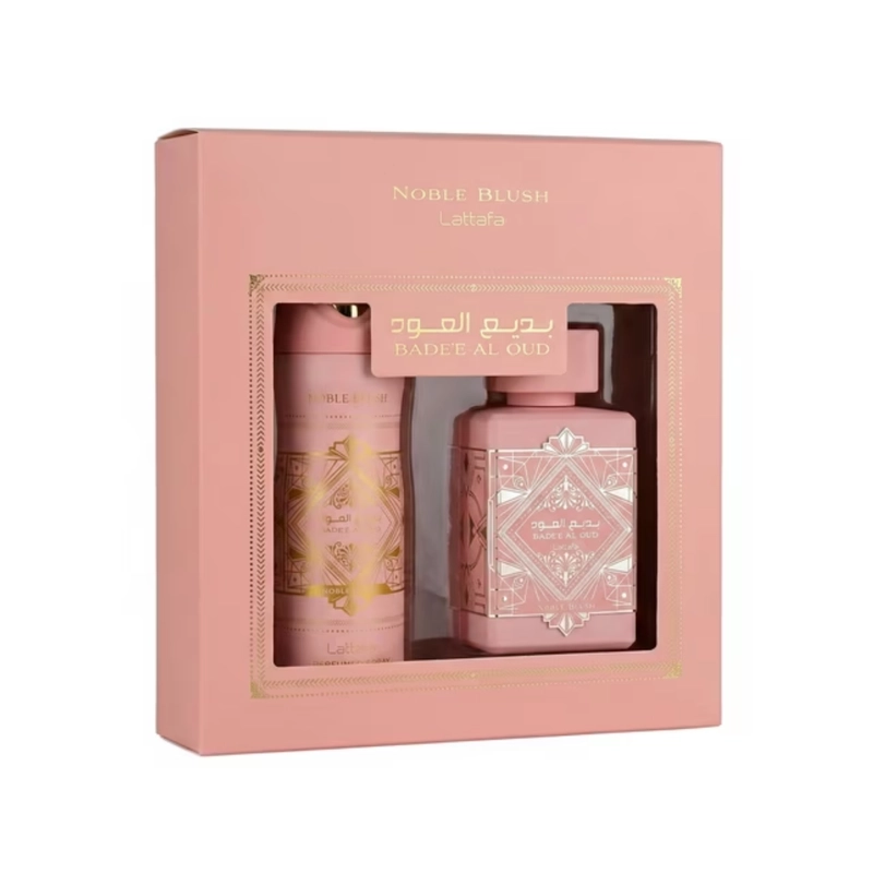 SET PERFUME BADEE AL OUD NOBLE BLUSH EDP 100 ML + PERFUME SPRAY 200 ML LATTAFA - 1
