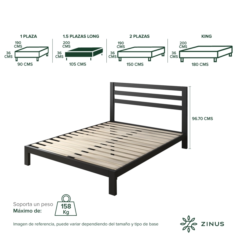 BASE CAMA ZINUS CON RESPALDO MIA 1.5 PLAZA LONG 105X200X36CM - 3