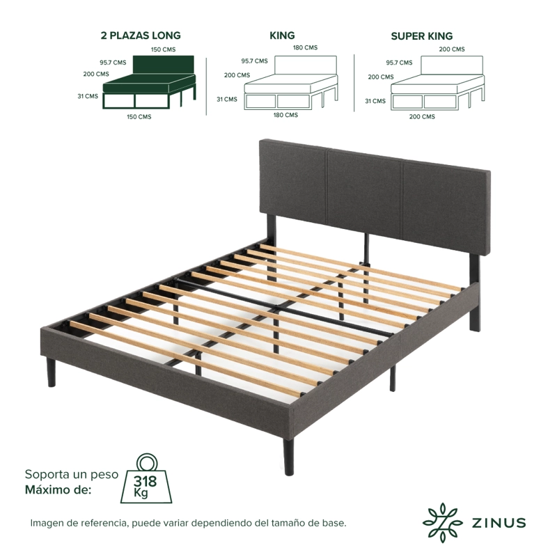 BASE CAMA ZINUS CAMBRIL RESPALDO 2 PLAZAS LONG 150X200X30CM - 3