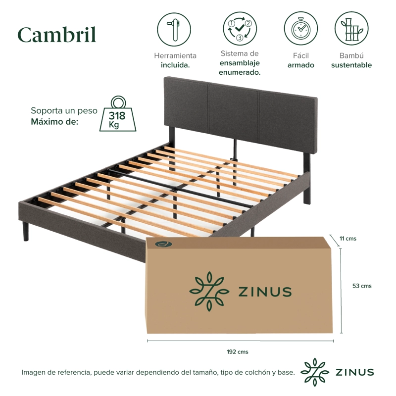 CAMA CAMBRIL C/ RESPALDO ZINUS COLCHON ESPUMA GREEN TEA KING - 6