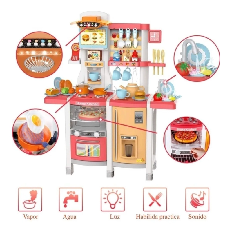 JUGUETE SET COCINA 65 PIEZAS LUZ SONIDO ROSADO INFANTIL 100CM - 3