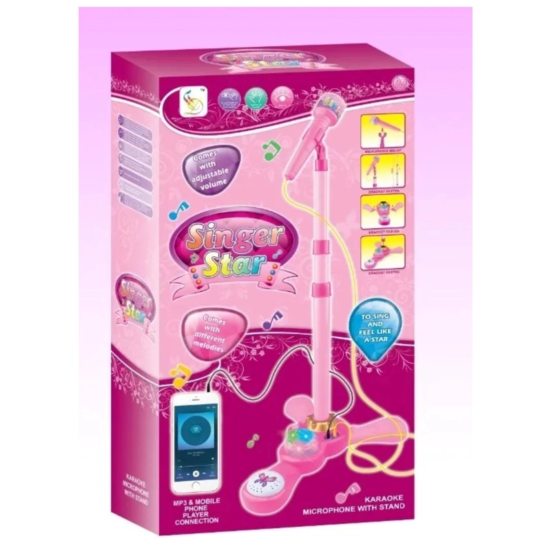 JUGUETE MICROFONO KARAOKE PEDESTAL LUCES MP3 ROSADO INFANTIL - 3