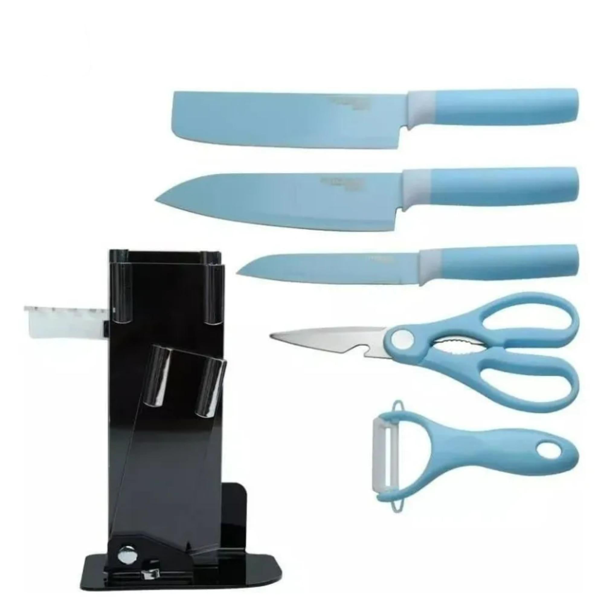 SET DE 6 PIEZAS INOXIDABLES CUCHILLOS TIJERAS PELADOR AZUL - 2