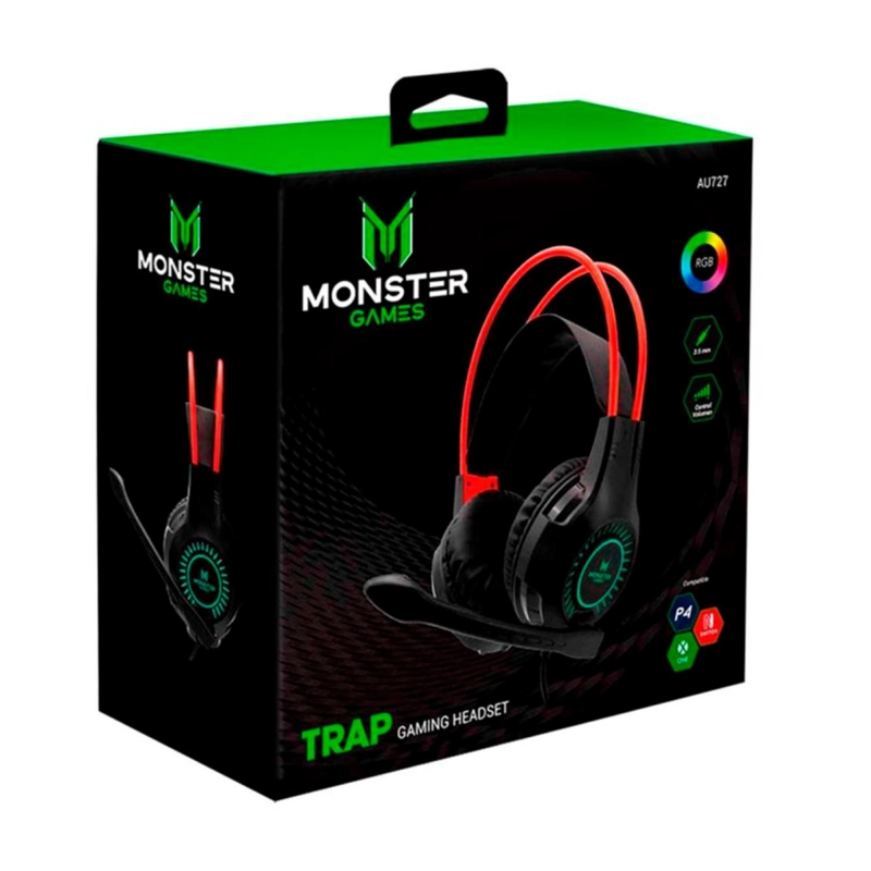 AUDÍFONOS GAMER MONSTER GAMES HEADSET USB PC RGB TRAP NEGRO CONECTOR JACK 3.5MM - 3