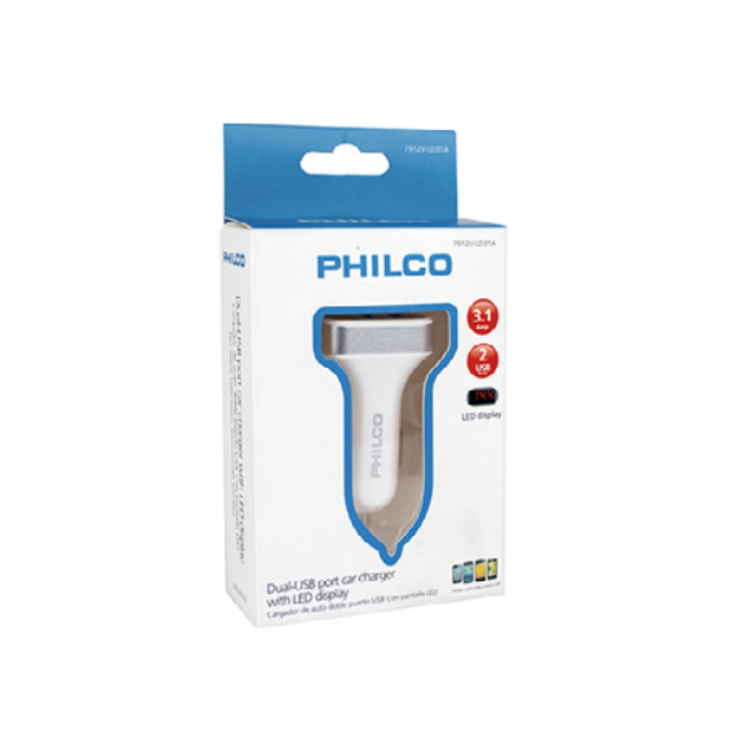 CARGADOR PARA AUTO DOBLE CON PANTALLA LED CARGA RAPIDA 3.1A BLANCO LD31A PHILCO - 2