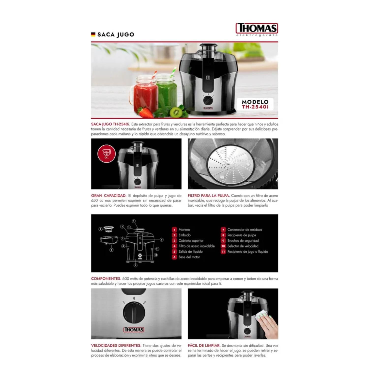 MAQUINA JUGO THOMAS TH-2540I 600 ML 2V 600 WATTS EXTRACTOR ELECTRICO - 2