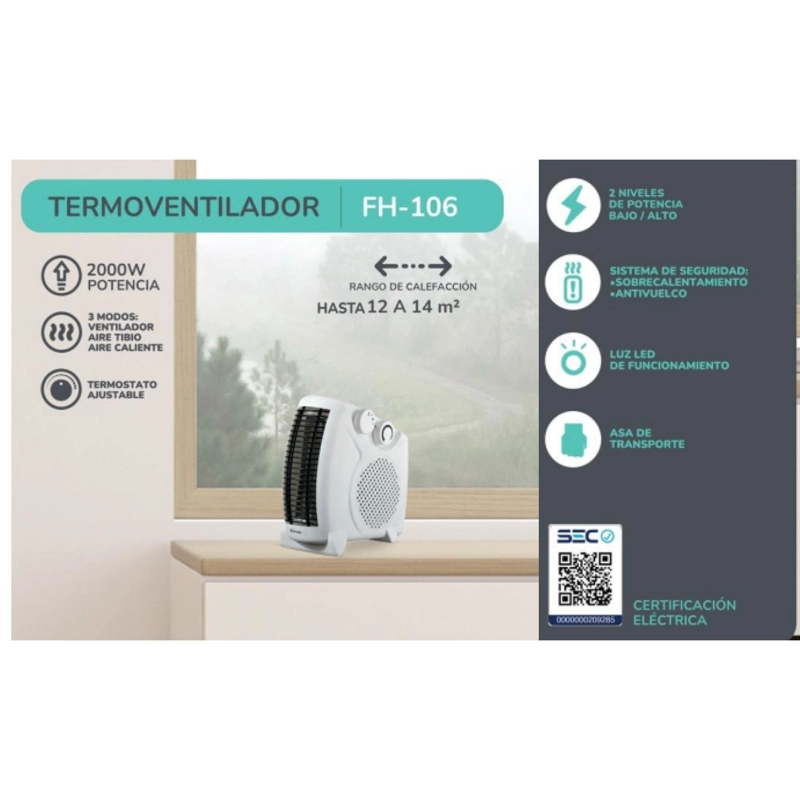 Termoventilador Calefactor Electrico 2000W 3 Mod Blanco FH-106 Kendal - 6