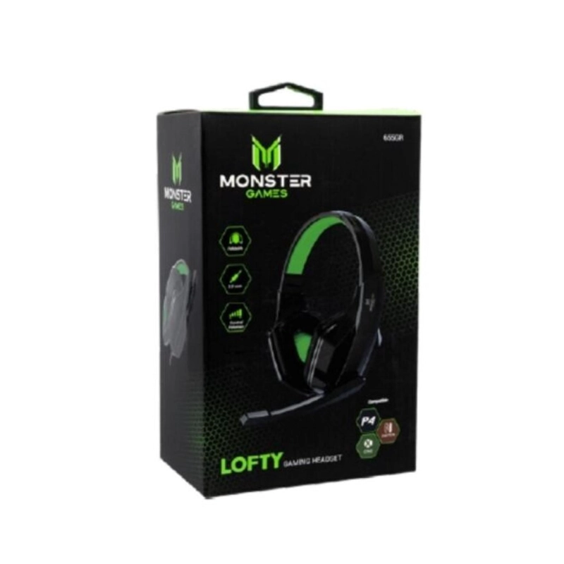 AUDÍFONOS GAMER MONSTER HEADSET PLEGABLE PS4 PS5 XBOX LOFTY NEGRO VERDE CONECTOR JACK 3.5MM - 3