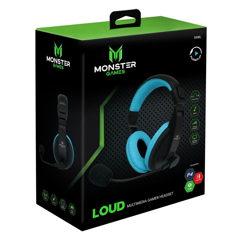 AUDÍFONOS GAMER MONSTER HEADSET LOUD NEGRO AZUL CONECTOR JACK 3.5MM - 3