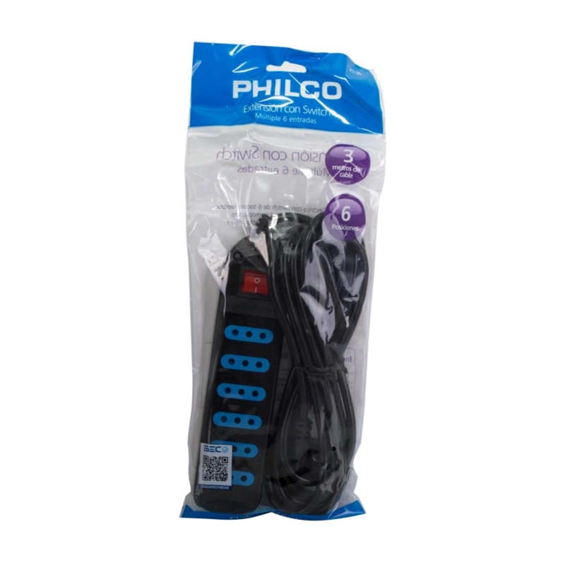 ALARGADOR EXTENSION 6 ENTRADAS CON SWITCH 3MTS NEGRO PHILCO - 2