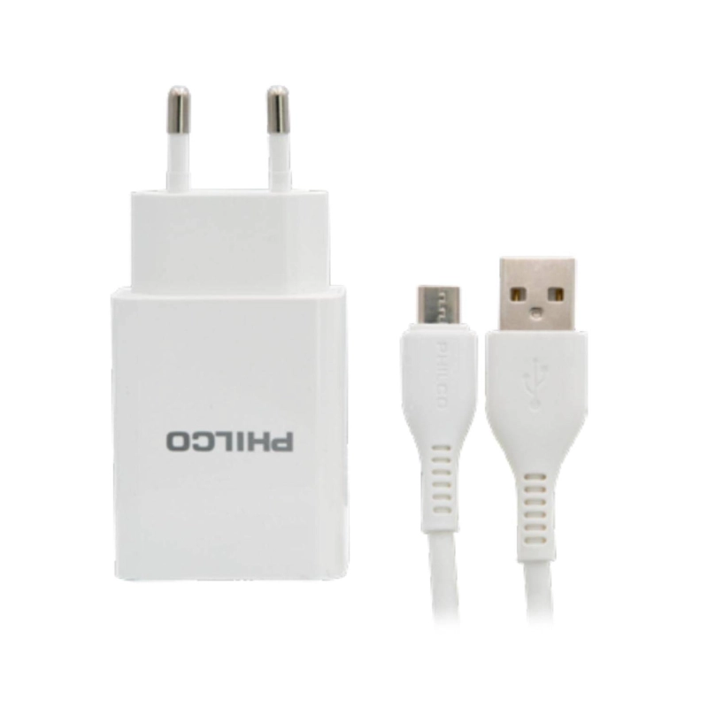 CARGADOR DE PARED 2 USB 2.1A CABLE MICRO USB BLANCO PHILCO - 1