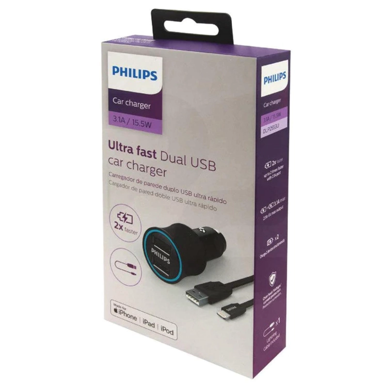 CARGADOR AUTO DOBLE USB CARGA RAPIDA USB LIGHTNING PHILIPS - 3