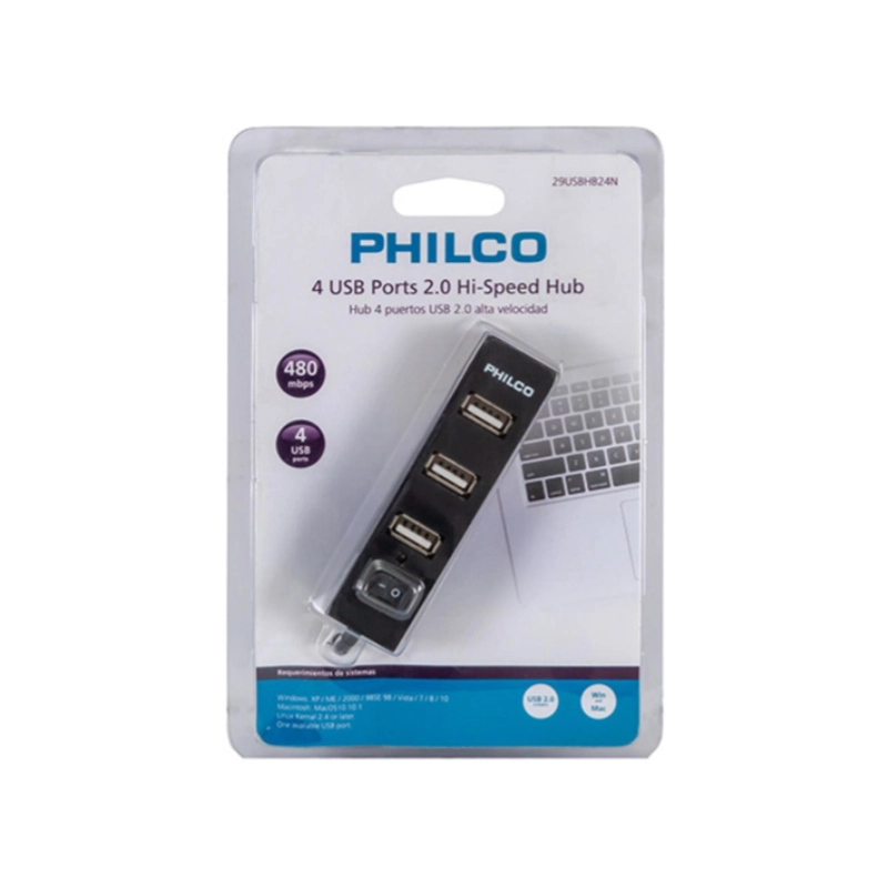 MINI HUB 4 PUERTOS USB 2.0 NEGRO HB24N PHILCO - 2