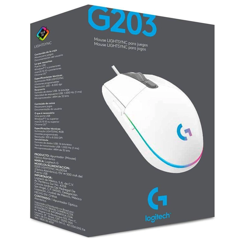 MOUSE GAMER USB 6 BOTONES 8000 DPI G203 RGB BLANCO LOGITECH - 4