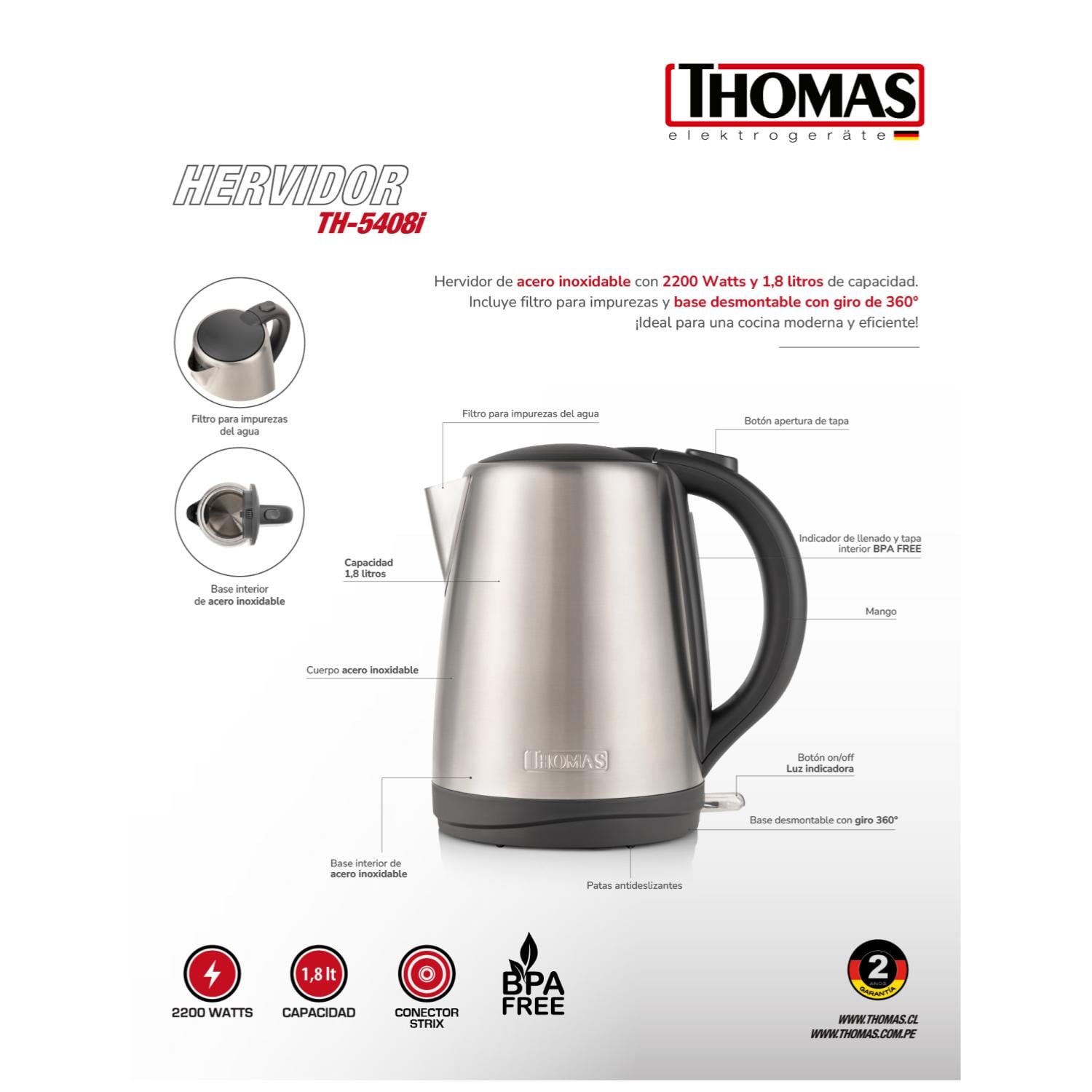 HERVIDOR ELECTRICO 1800ML 2200W ACERO INOXIDABLE TH-5408I - 4