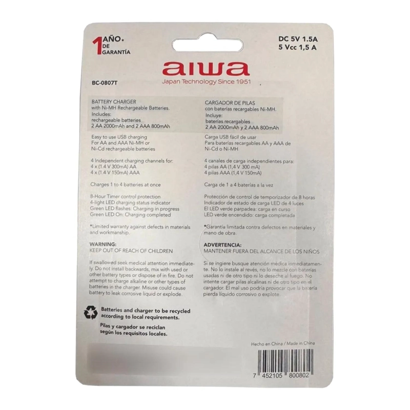 CARGADOR DE PILAS AA Y AAA CON 4 PILAS BC-0807T AIWA - 4