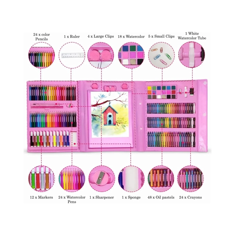 SET 208 LAPICES PARA COLOREAR CON MALETA ROSADA INFANTIL - 2