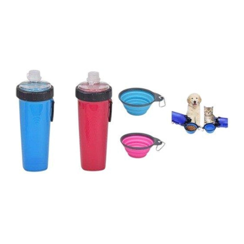 BOTELLA DE AGUA DUAL PORTATIL VASO PLATO PLEGABLE PARA MASCOTAS - 1