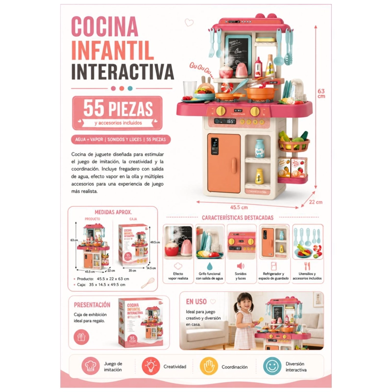 JUGUETE COCINA INTERACTIVA 55PZAS 63CM AGUA VAPOR ROSADO INFANTIL - 4