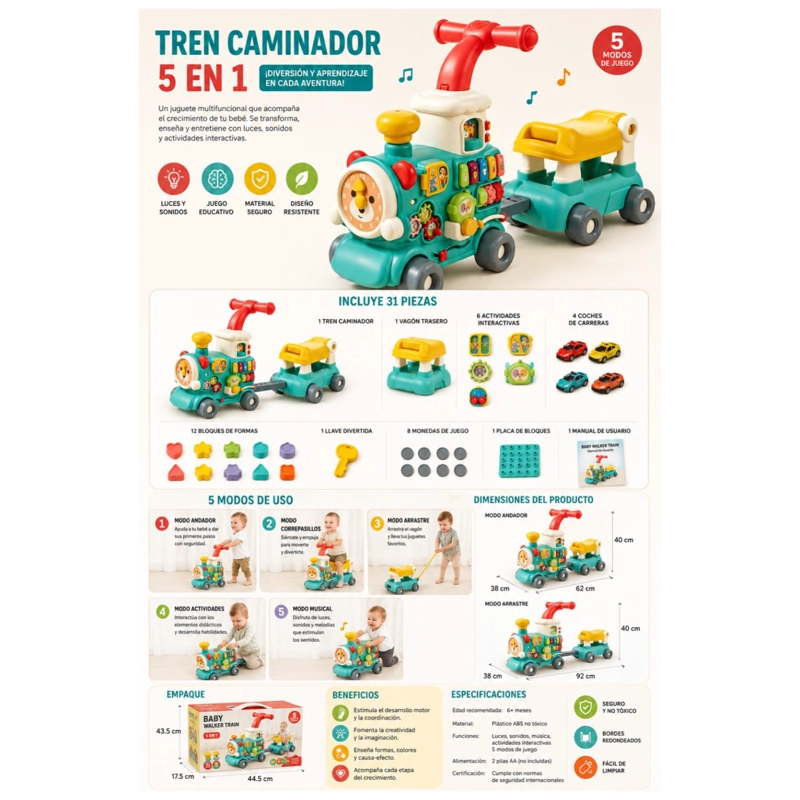 JUGUETE TREN CAMINADOR 5 EN 1 DIDACTICO CON SONIDOS AZUL INFANTIL - 4