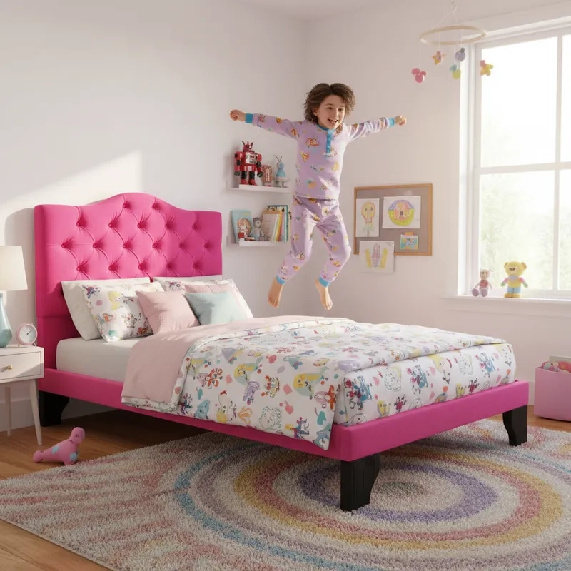 CAMA FLOBAL BARBIE CAPITONES INCLUYE BASE 1.5 PLAZAS FUCSIA + RESPALDO - 1