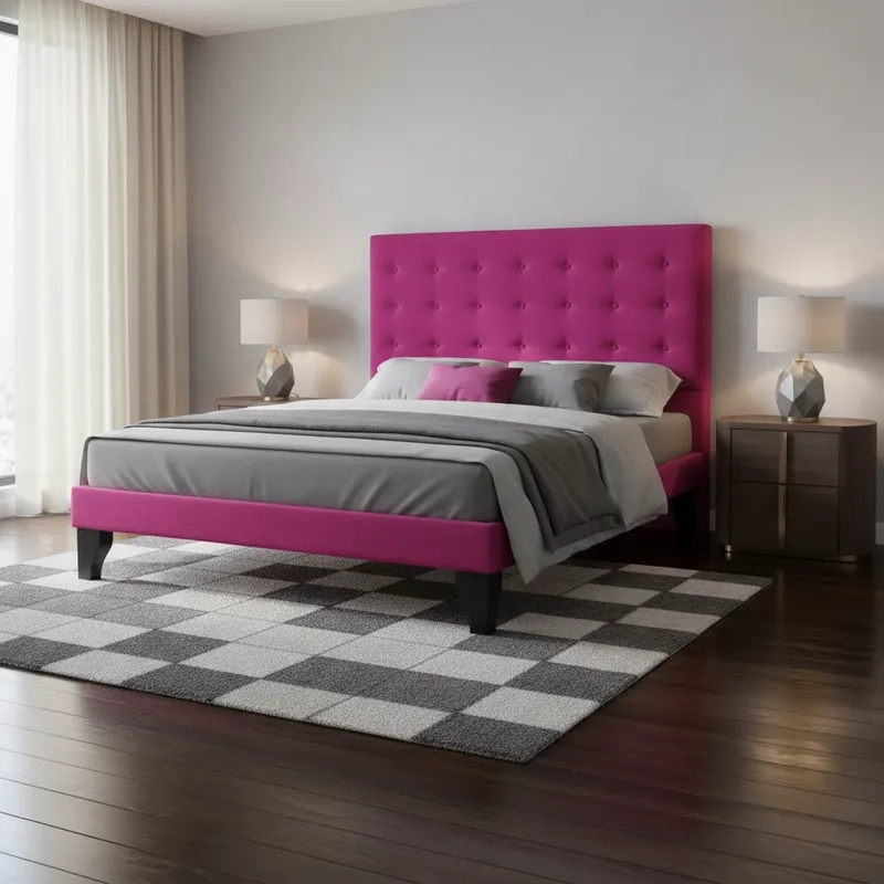 CAMA FLOBAL ABOTONADA 2 PLAZAS INCLUYE BASE Y RESPALDO FUCSIA - 2