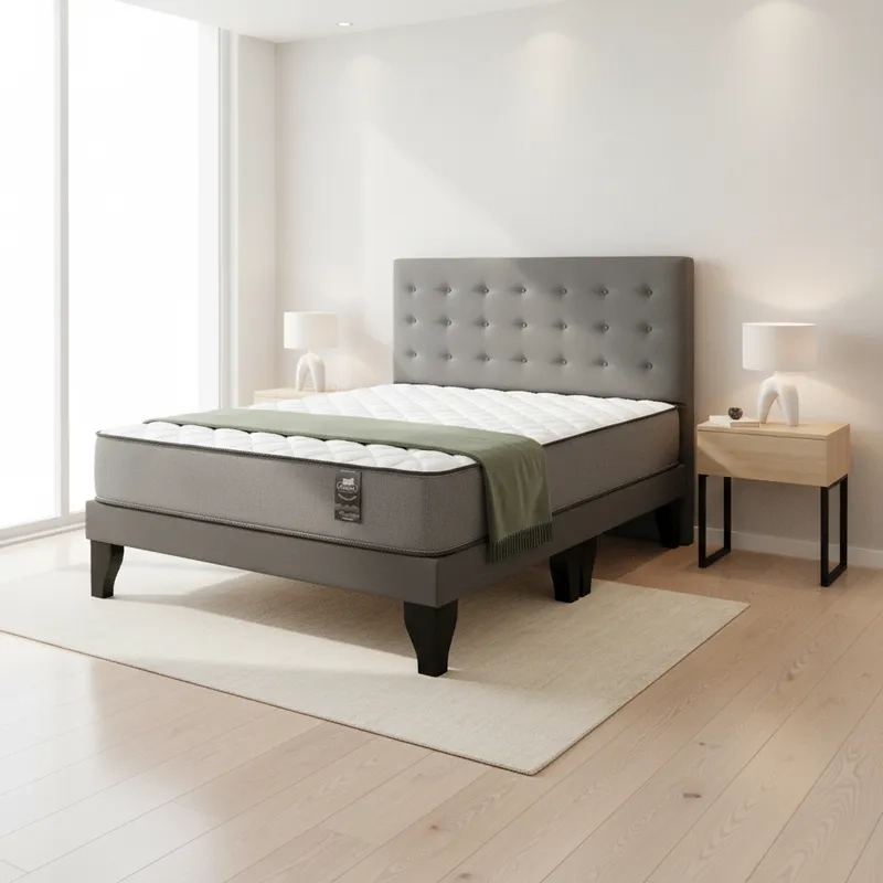 CAMA FLOBAL ABOTONADA 2 PLAZAS 150X190CM + RESPALDO GRIS + COLCHON - 1