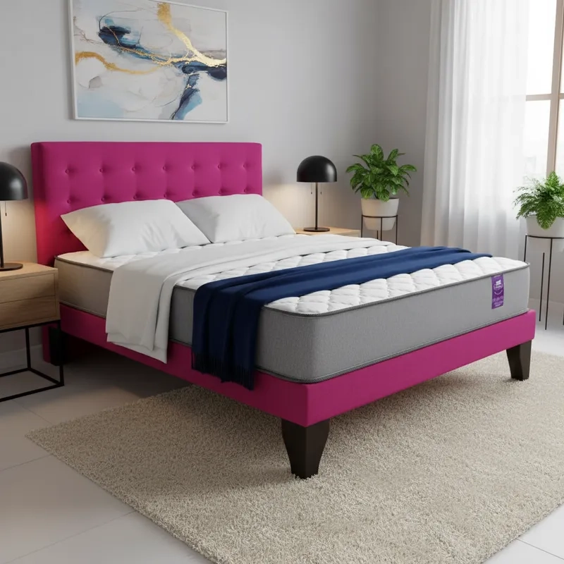 CAMA FLOBAL ABOTONADA 2 PLAZAS 150X190 CM + RESPALDO FUCSIA + COLCHON - 4