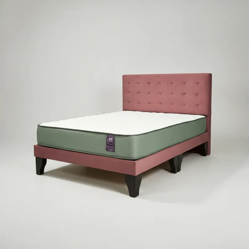 CAMA FLOBAL ABOTONADA 2 PLAZAS 150X190CM + RESPALDO ROSA PALO + COLCHON - 1