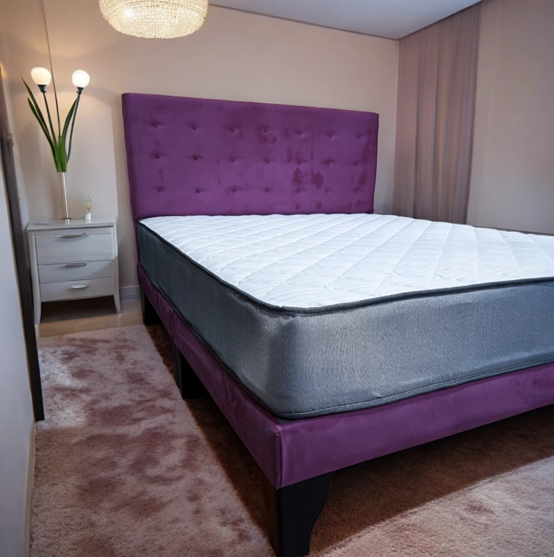 CAMA FLOBAL ABOTONADA 2 PLAZAS 150X190 CM + RESPALDO MORADO + COLCHON - 4