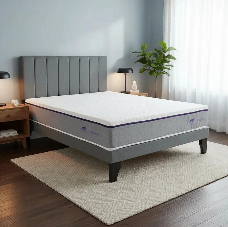 CAMA EUROPEA SUPER KING + RESPALDO FRANJA GRIS+COLCHON LUMBARFIT 2X2 - 1