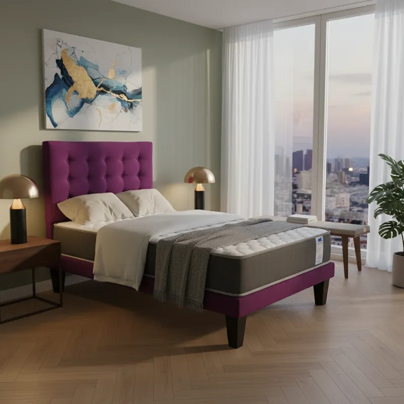 CAMA 1 PLAZA ABOTONADA 90X190 CM + RESPALDO MORADO + COLCHON FLOBAL - 1