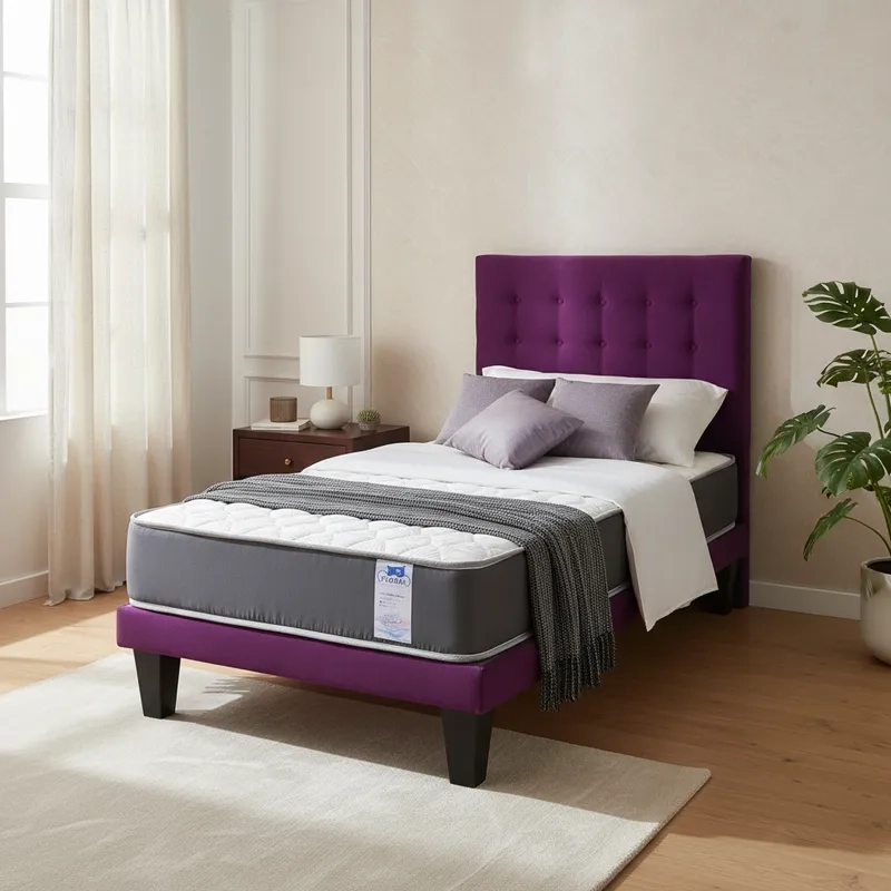 CAMA 1 PLAZA ABOTONADA 90X190 CM + RESPALDO MORADO + COLCHON FLOBAL - 3