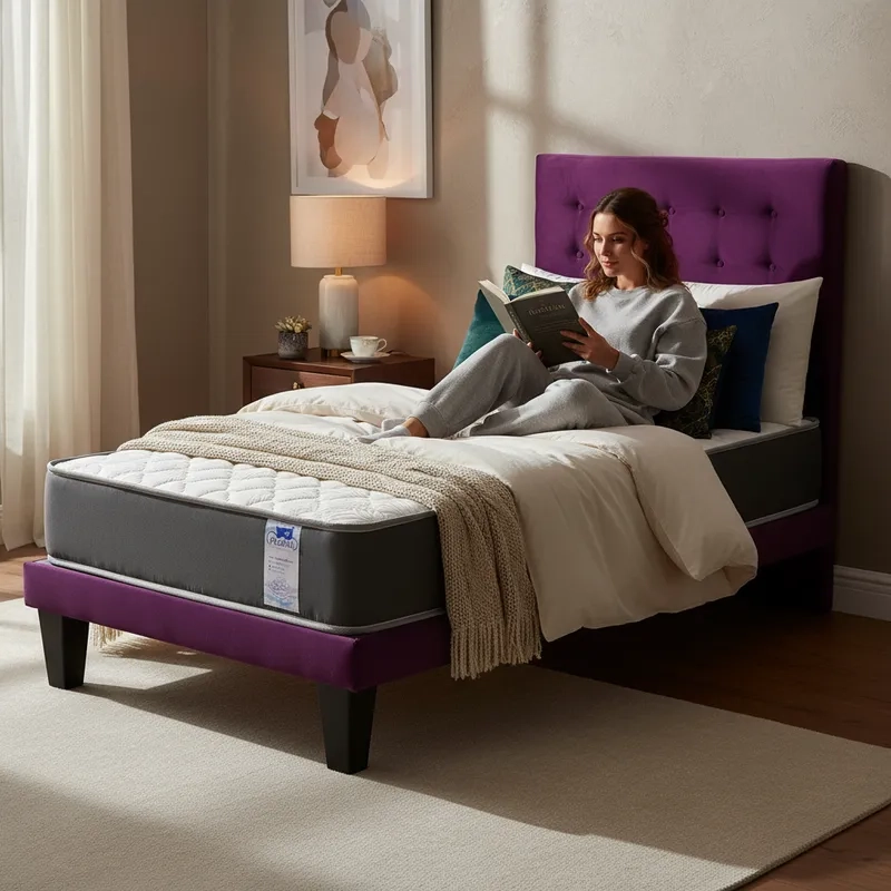 CAMA 1 PLAZA ABOTONADA 90X190 CM + RESPALDO MORADO + COLCHON FLOBAL - 4