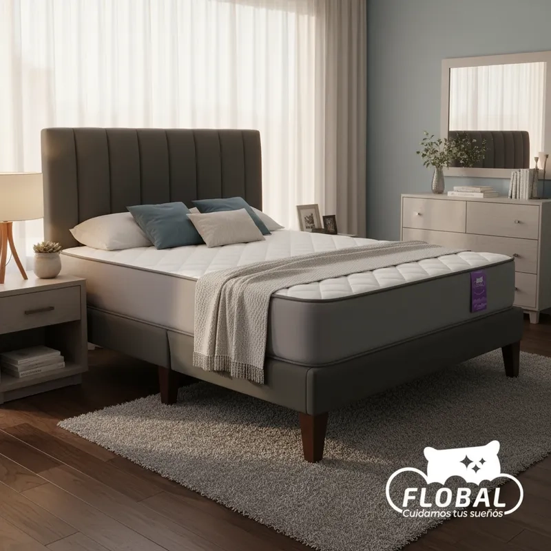 CAMA EUROPEA 2 PLAZAS BASE DIVIDIDA + RESPALDO FRANJAS NEGRO + COLCHON - 1