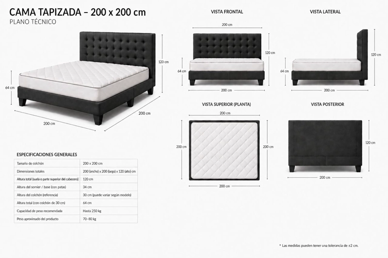 CAMA EUROPEA SUPER KING + RESPALDO ABOTONADO NEGRO 200X200 - 4